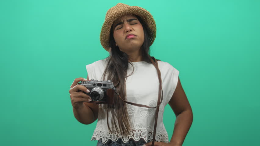 Young woman holds vintage camera with leather strap, wearing straw hat and white lace top, hand on hip and eyes closed in studio; irritation travel fatigue.