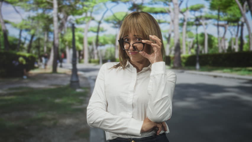 Woman holding palm up presenting gesture with glasses and white shirt on a tree lined street with lamppost and sidewalk; thoughtful curiosity.