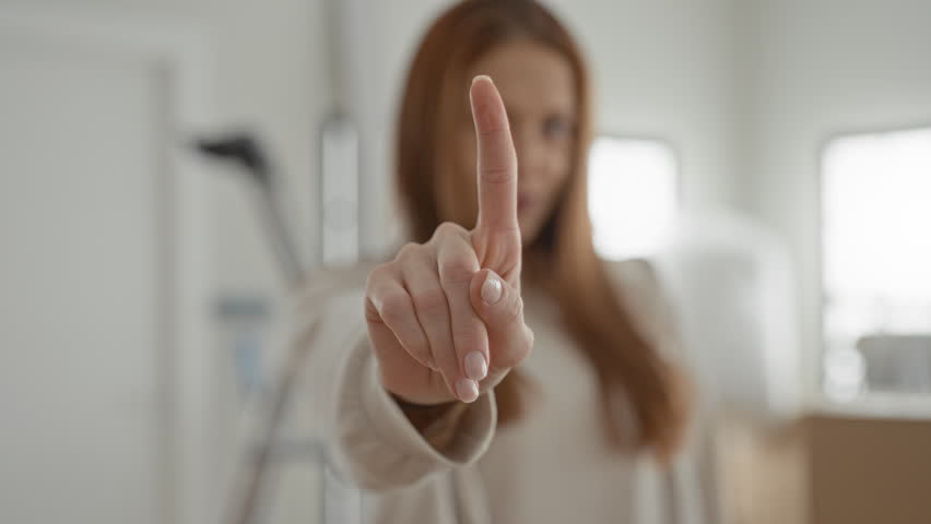 Woman points index finger to camera, redhead with visible fingernail, standing among moving boxes and ladder inside a building; moving determination.