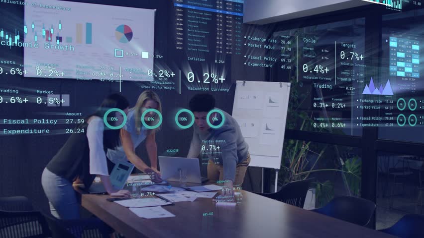 Team of three leaning over table, center woman using laptop activating AR finance charts for deck. Collaboration, analytics, dashboards, data, visuals, boardroom, modern