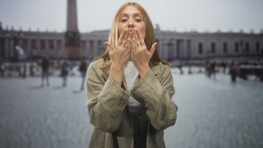 Woman blows a kiss with hands held forward toward camera in a busy city street piazza framed by a monumental colonnade and obelisk; playful joy.