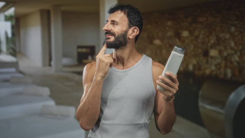 Man with beard in a gray tank top holding shampoo bottle and pointing finger to chin while looking pensive in a building lounge; grooming confidence.