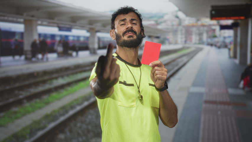Man referee shows red card with whistle and outstretched hand on train station platform near tracks; authority.