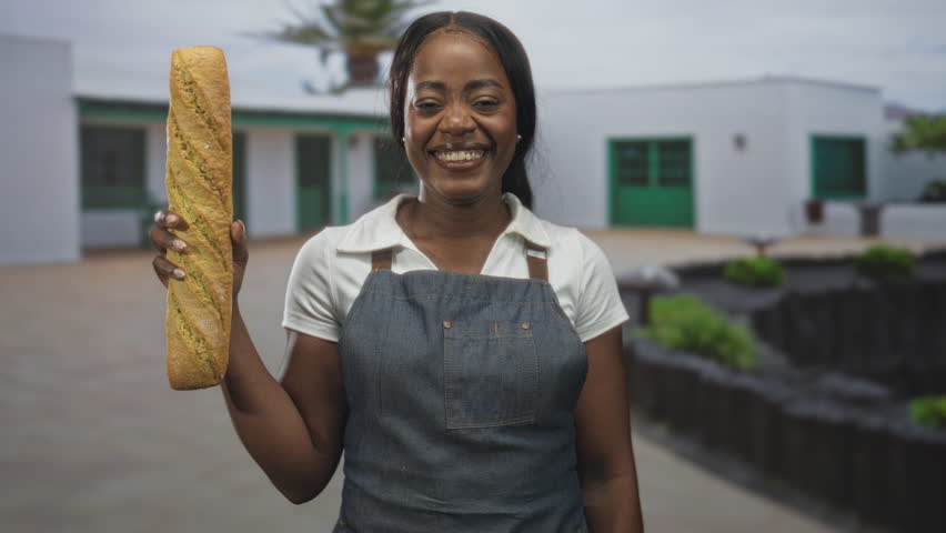 Woman baker wearing apron holding baguette upright and smiling in building courtyard near door; joy artisan craft.