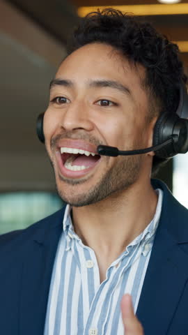 Telemarketing, call center and business man with offer, insurance policy or frustrated with feedback. Sales agent, headset or happy person talk to difficult contact, telesales or premium coverage