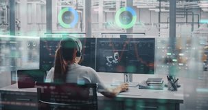 Young Female Engineer in Headset Sits at Desk, Monitoring Automated Robotic Arms Through Multiple Screens With Glowing VFX Charts, Holograms, and Production Data Analytics. Concept of Industry 4.0. - Powered by Shutterstock - Get 15% off with code: PIKWIZARD15