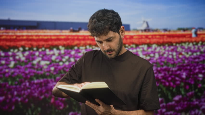 Young hispanic man with beard reading a hardcover book, hands holding and turning pages, finger tracking a line in studio; quiet contemplation.