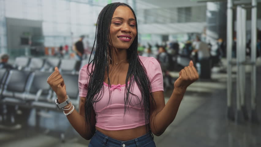 Woman raising clenched fists in a celebratory gesture, hands and bare midriff visible, wearing pink crop top and bracelets in an airport terminal; hopeful joy.