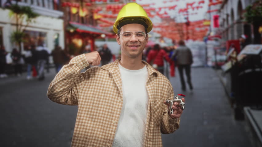 Man plumber wearing yellow hardhat and glasses holds a metal tap while flexes arm and smiles on street market; pride skilled craft.