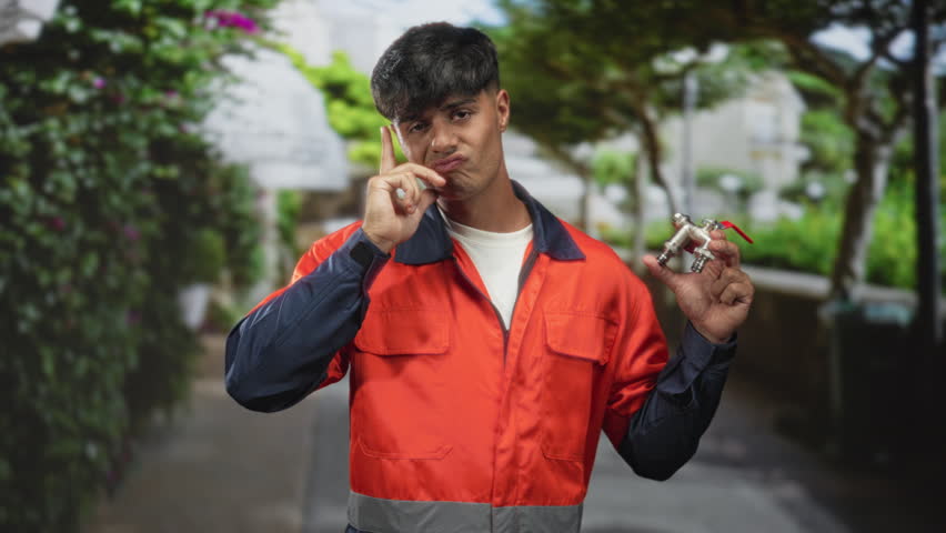 Man plumber in uniform holds a metal tap in one hand and finger to temple while wearing orange coveralls on a narrow street lined with trees and hedges; confusion.