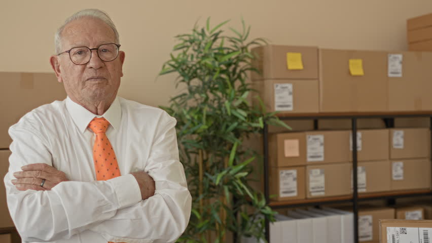 Man with arms crossed wearing orange tie amid stacked cardboard boxes and visible shipping labels in a small business building; determination.