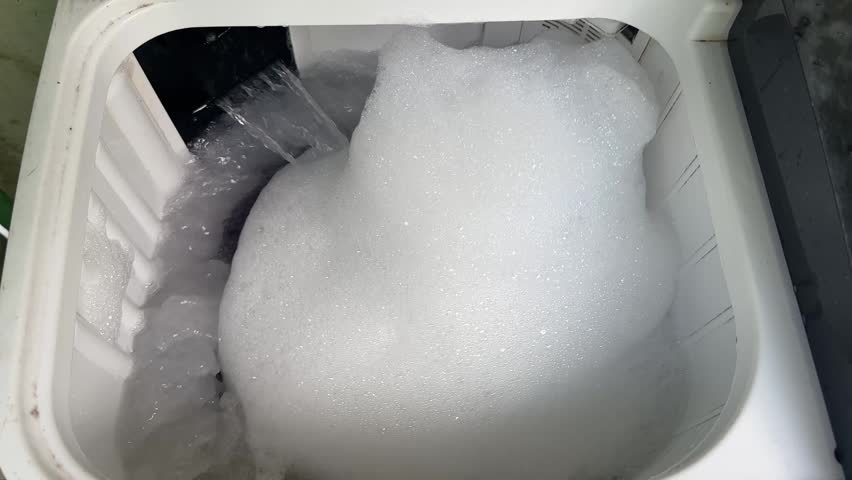 Top-down view of thick white detergent foam and soap suds filling a washing machine during a laundry cycle.