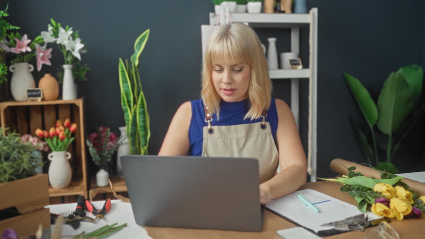 Woman florist in apron smiling and typing on laptop amid tulips and bouquets in studio; entrepreneurial joy.