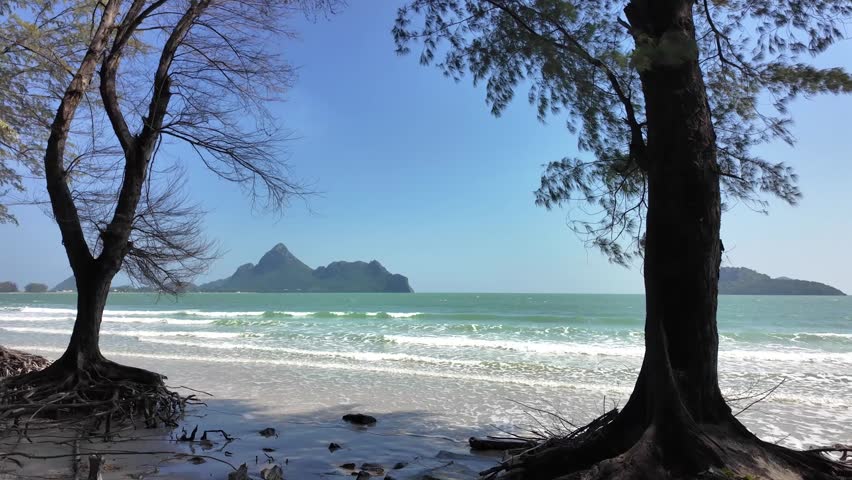 Tropical wild beach island view framed by trees and waves