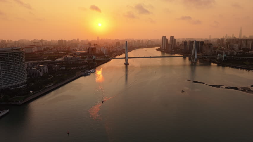 Sunrise aerial view of Haikou Century Bridge, Hainan, China