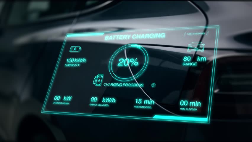Futuristic EV Display. Hightech Holographic Projection Shows Vehicle Battery And Charging Details