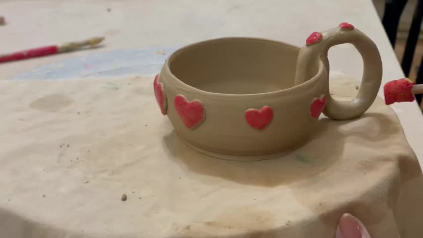 Close-up of decorating a handmade ceramic mug with red 3D hearts on a pottery wheel.