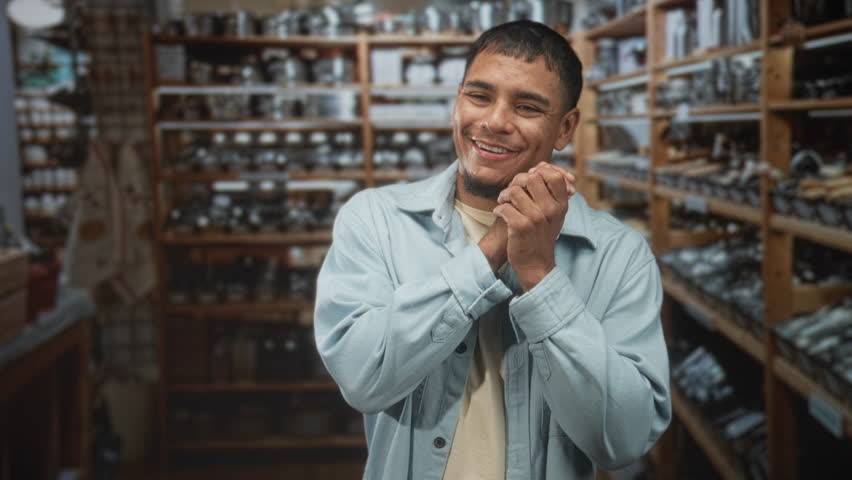 Man smiling and clasping hands wearing a light denim jacket standing amid wooden shelves of glass jars and labeled containers in a small shop building; quiet contentment.