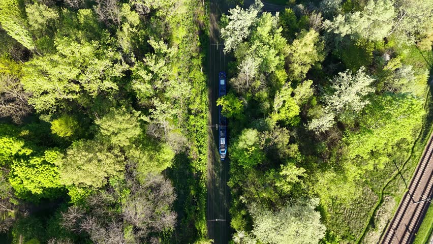 Aerial view of a modern tram traveling along a forest road, surrounded by lush greenery and trees, showcasing the scenic route through nature