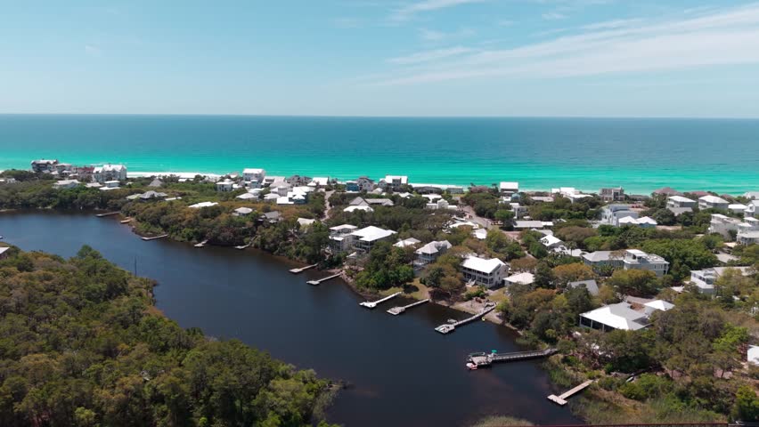 Drone orbit over Big Redfish Lake and the Blue Mountain Beach resort area with residential luxury homes, Santa Rosa Beach, Florida, USA