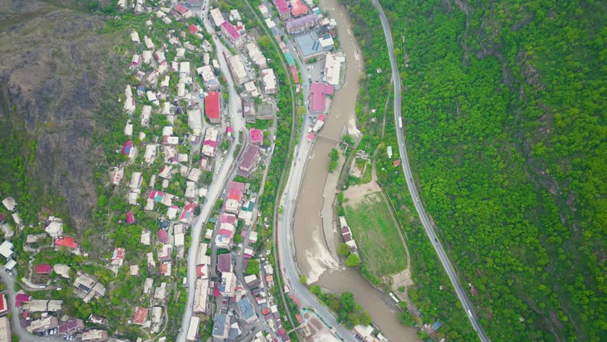 Aerial view of the town in mountains