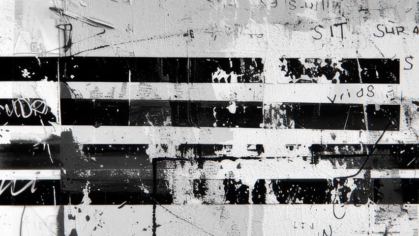 Animated abstract black and white grunge background with distressed poster fragments, rough paint streaks, scratched paper texture, worn urban collage layers, bold horizontal bars, dirty analog noise and raw mixed-media surface, creating a high-contrast industrial art backdrop with edgy contemporary street character