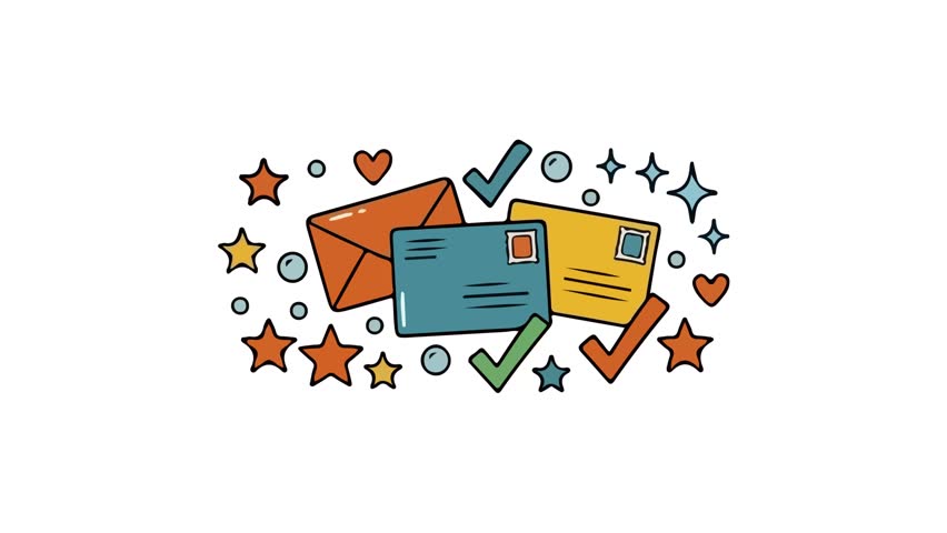 Whimsical hand-drawn illustration of envelopes, stars, hearts, and checkmarks. Perfect for themes of communication, success, and celebration.