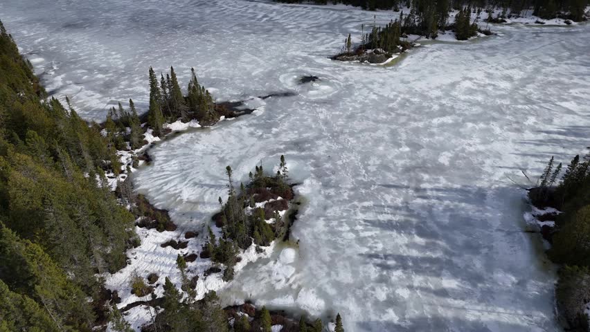 Orbital drone shot of the shoreline of a frozen lake, situated in a boreal forest in early spring.