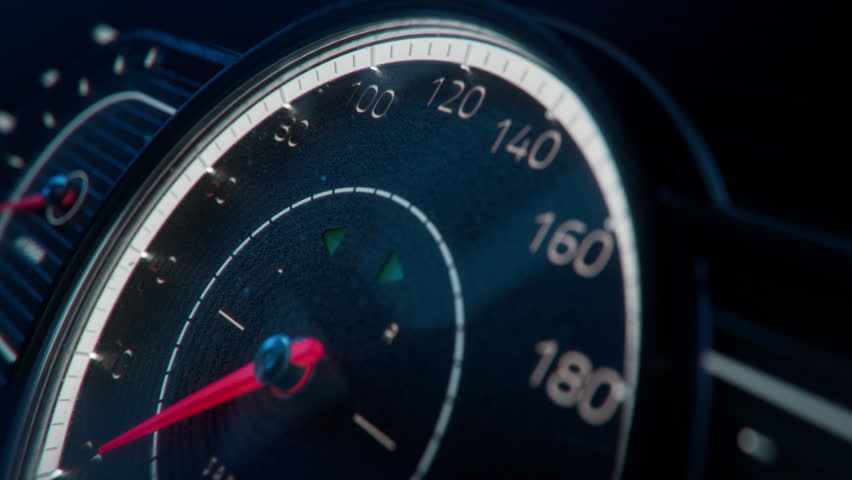 3D animation: Close-up Shot of Mechanical Gauge Cluster of a Classic Sports Car. Concept: Speed, Acceleration Performance and Power. Analogue Speedometer Showing Quick Acceleration of a Vehicle. 