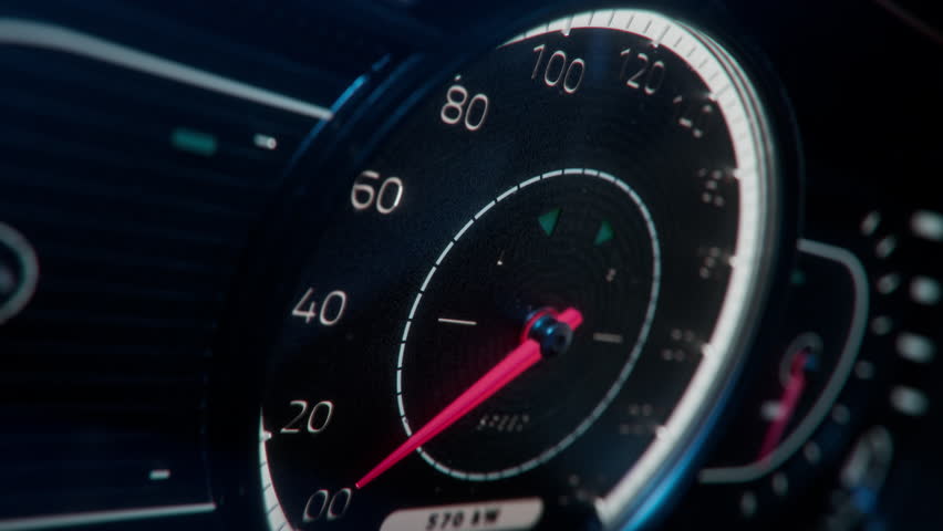 3D animation: Close-up Shot of Analogue Gauge Cluster of a Classic Sports Car. Mechanical Speedometer Showing Quick Acceleration of a Vehicle. Concept: Speed, Acceleration Performance and Power.
