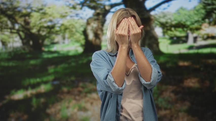 Woman in denim shirt covers face with hands and peeks through glasses in forest; shy curiosity gentle wonder.