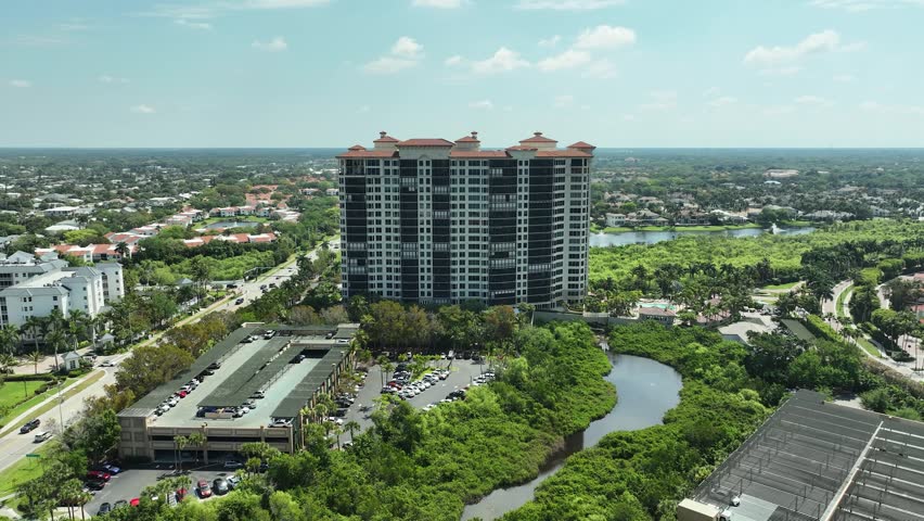 Aerial view of the Trieste at Bay Colony building at Vanderbilt Beach, Naples.