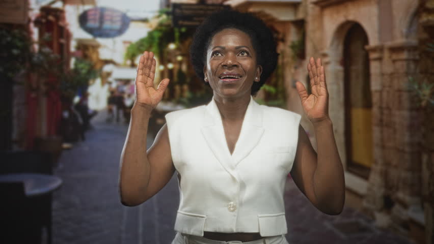 Woman raises hands palms facing forward wearing white vest on cobblestone street with archway shops and warm sunlight; joy gratitude.