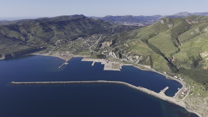 Aerial View of Kuzu Harbor Ferry Port in Gokceada Turkey Aegean Island Entrance Point