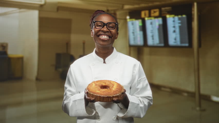 Young african american woman chef smiles and holds a round cake with both hands while wearing a white chef jacket in an airport terminal with flight boards visible; pride.