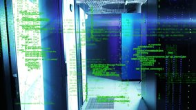 Server aisle revealing racks, green code overlay scrolling and fading for data center visibility. Corridor, cabinet, led, cables, tiles, grate, blue - Powered by Shutterstock - Get 15% off with code: PIKWIZARD15