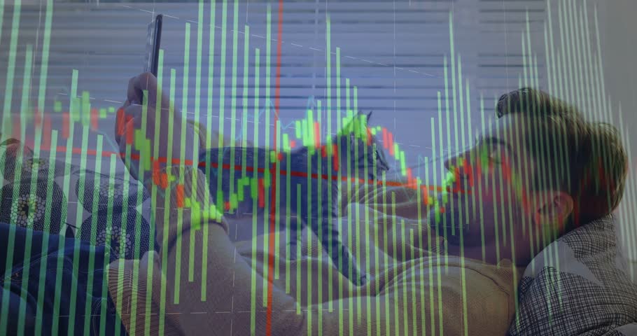 Man reclining raising phone steadying cat while overlay pulsing showing market data for trading. Smartphone, pet, chart, candlestick, finance, home, sofa