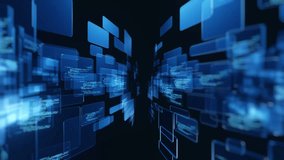 Looping video of blue transparent panels displaying code spinning and flying toward the camera through a dark tunnel corridor. Ideal for technology, programming, software, and cybersecurity video - Powered by Shutterstock - Get 15% off with code: PIKWIZARD15