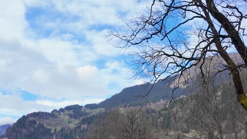 Scenic view over Lauterbrunnen, Switzerland featuring the alpine valley town, church steeple, peaceful graveyard, forested mountains, and dramatic cliffs beneath a cloudy sky.