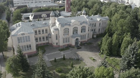 Aerial Rotation Over Old Gymnasium in Noginsk