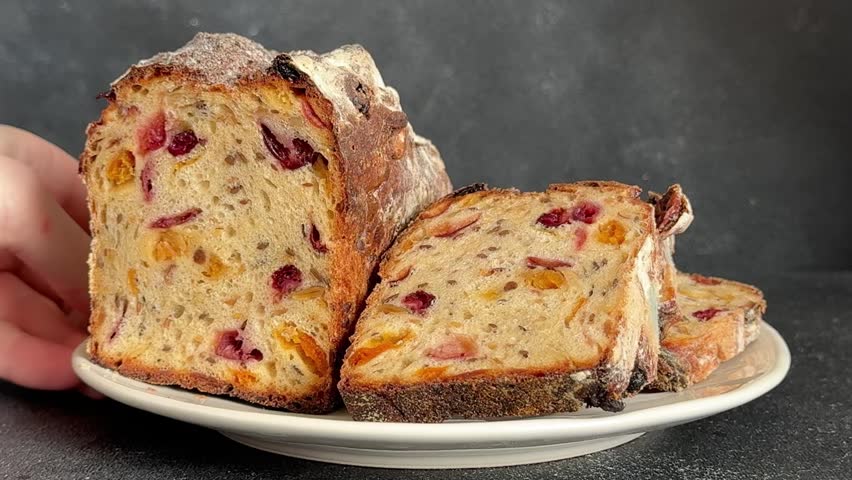 Fruit bread mixed dried fruit fruit cake healthy food tasty snack fresh, delicious, gourmet food background rustic food on a table top view copy space