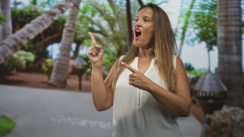 Woman points finger up with open mouth and raised hands, wearing white sleeveless top against palm trees backdrop in studio; surprise discovery.