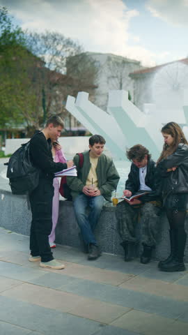 Young friends studying together outdoors near a fountain. A group of high school students collaborate on an assignment in a park.