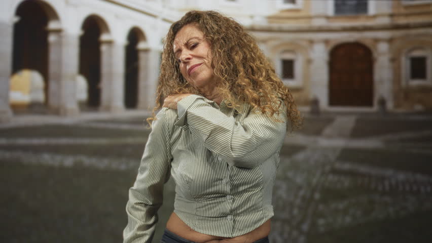 Woman in striped shirt and jeans holding her shoulder with one hand, pained expression, curly hair visible, standing in a historic building courtyard; discomfort aging resilience.