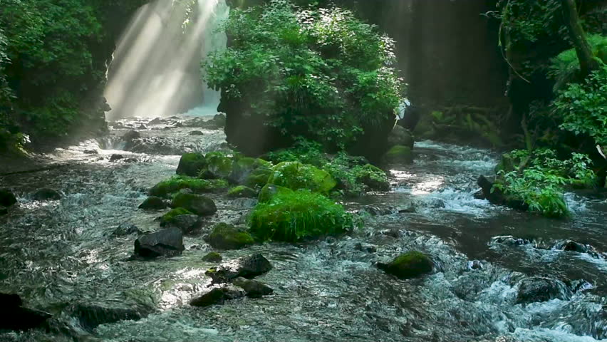 Sunbeams shine through a forest stream at Ryugaeshi Falls in Karuizawa, Nagano, Japan, with mossy rocks and a person.