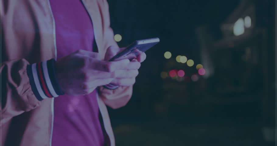 Man tapping phone on urban night street, activating tech overlays and light streaks showing data. Smartphone, bokeh, neon, cityscape, nighttime, doubleexposure, glow
