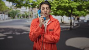 Prisoner man in orange jumpsuit with visible inmate number holding blue handset to ear while speaking on a street with trees and buildings; remorse reflection. - Powered by Shutterstock - Get 15% off with code: PIKWIZARD15