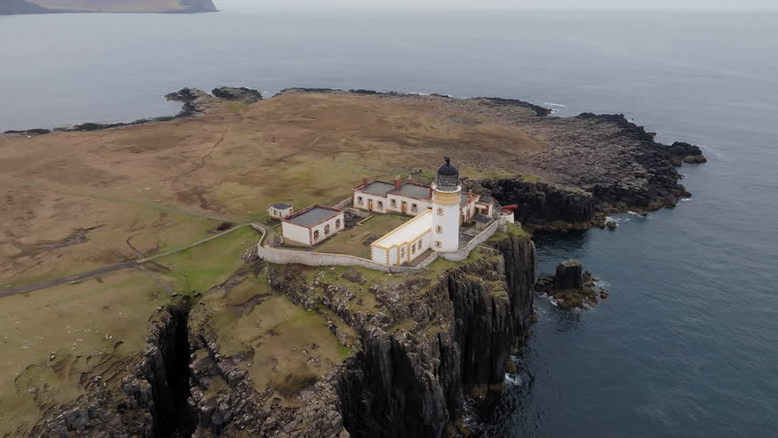 Isle of Skye Neist Point Lighthouse historic beacon in Scotland aerial drone