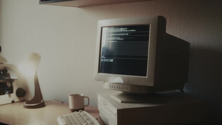 Retro pc computer gaming, Desktop vintage with loading code console, programmer making scripts, green basic screen, Old computer studio close-up, retro wave display, late 90s PC.