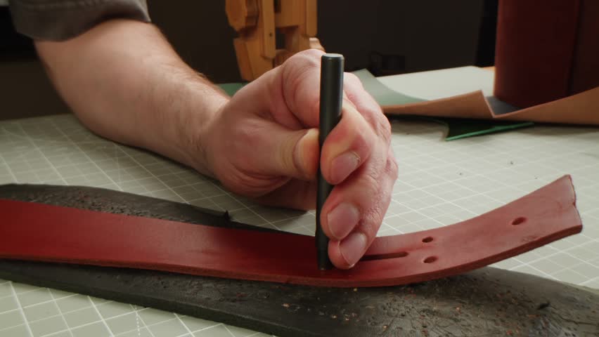 Man tailor repairing belt, artificial leather close-up. Craftsman making accessories made of genuine animal leather at workplace table. Professional atelier.